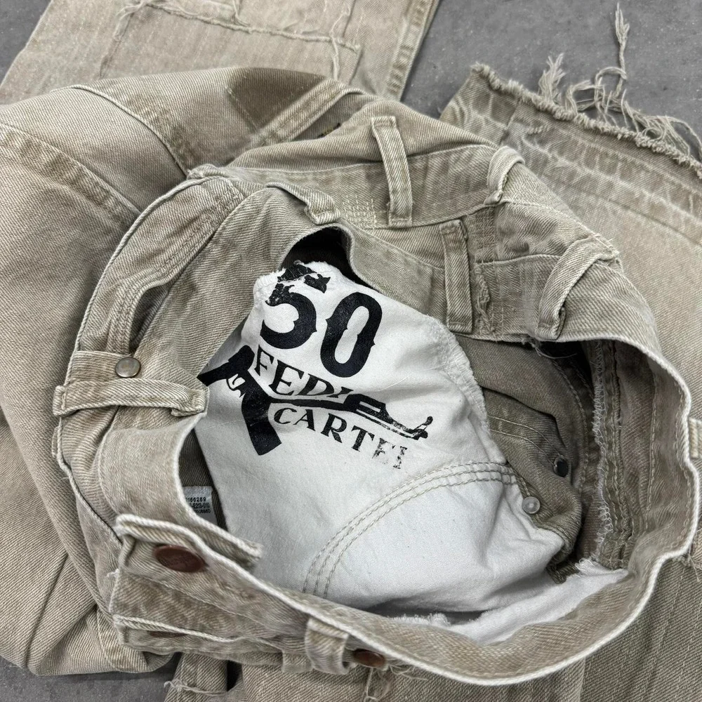 1 OF 1 Fedi Cartel VINTAGE 90s Wranger PATCHWORK BAGGY Tan Denim Jeans - 28/33
